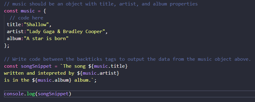 Example of the use of Template Literals