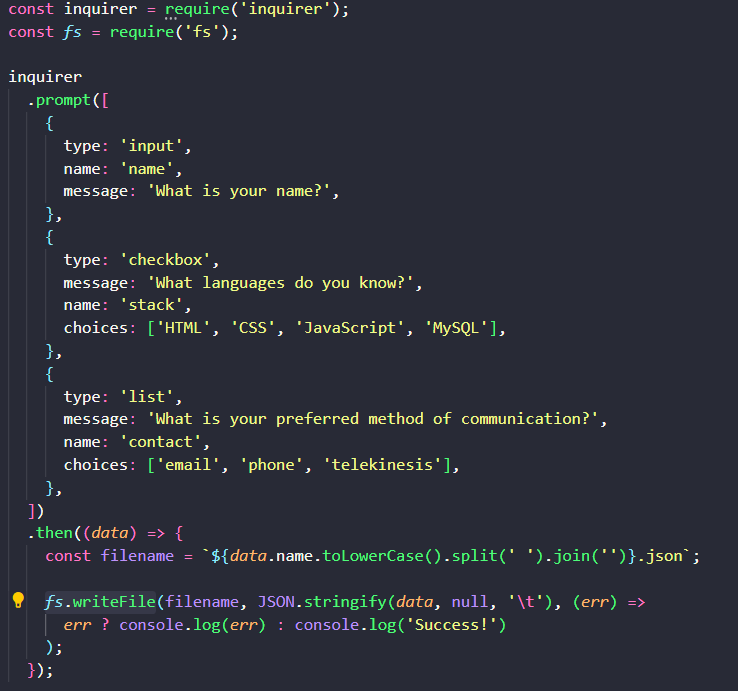 NPM inquirer and filesystem example